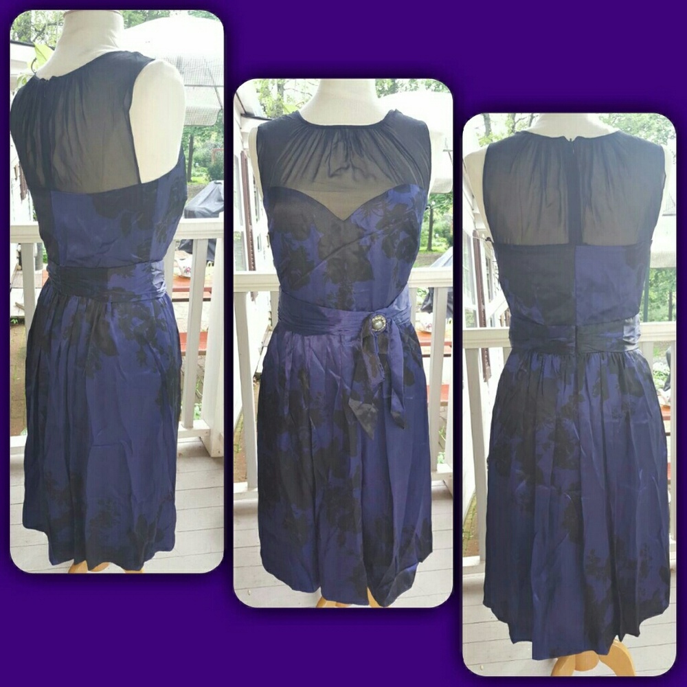 Badgley Mischka Mesh Illusion Silk Formal Dress w/sash broach floral Print